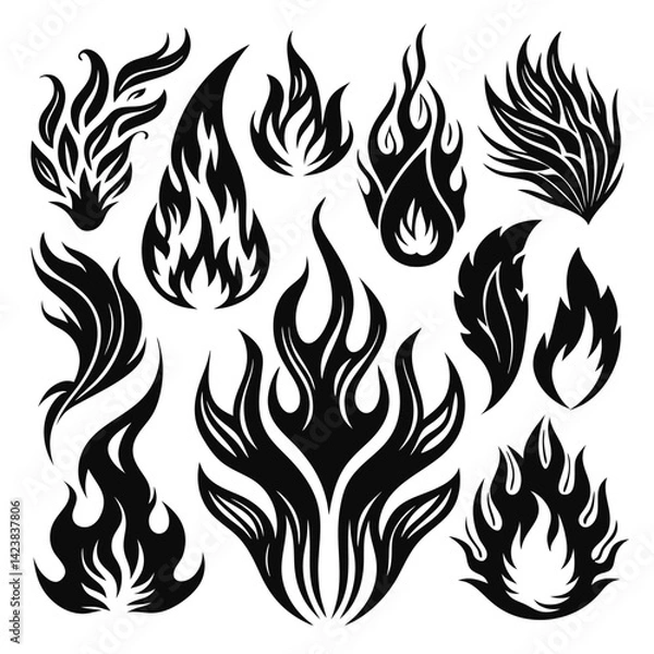 Fototapeta Set of fire flame vector icons. Collection of fire and flame icons. Bonfire icons, flaming elements.