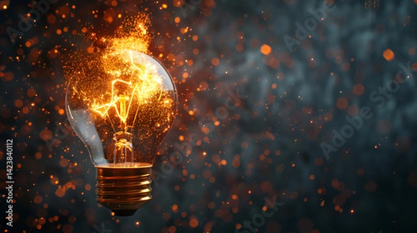 Fototapeta Energetic lightbulb with intensely glowing filament shooting sparks upwards through smoke, symbolizing a moment of inspiration, sudden idea, or powerful energy release.
