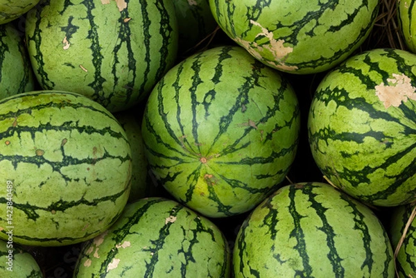 Obraz Freshly grown green watermelons form a background of irregular fruit texture in a Laos market