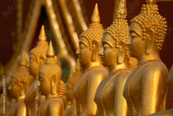 Obraz Golden Buddha statues, seated in different meditation positions, at the Wat Phousalao temple, near Pakse, Champasak, Laos