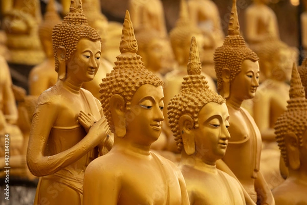 Obraz Golden Buddha statues, seated in different meditation positions, at the Wat Phousalao temple, near Pakse, Champasak, Laos