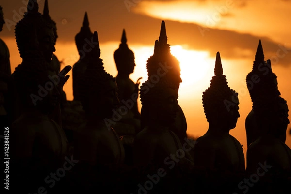 Obraz Backlight silhouettes of buddhas statues at the Wat Phousalao temple, near Pakse, Champasak, Laos