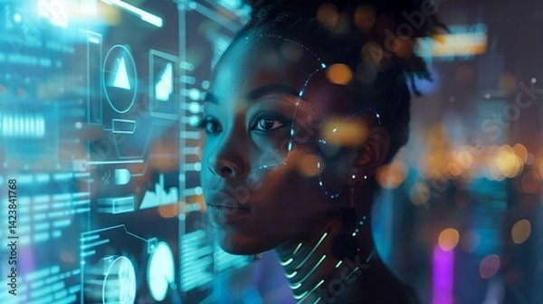 Fototapeta Black woman working in office and futuristic graphical user interface concept. ICT (Information Communication Technology). System engineering