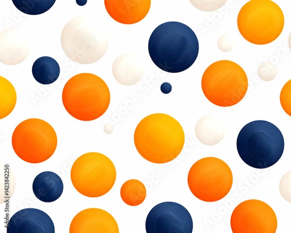 Fototapeta Abstract seamless pattern with orange, white, and navy blue circles of varying sizes on white background