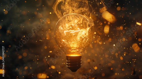 Fototapeta Lightbulb emitting a warm, diffused golden glow through dense smoke and sparkling bokeh, representing a developing idea, ambient energy, or contained power.
