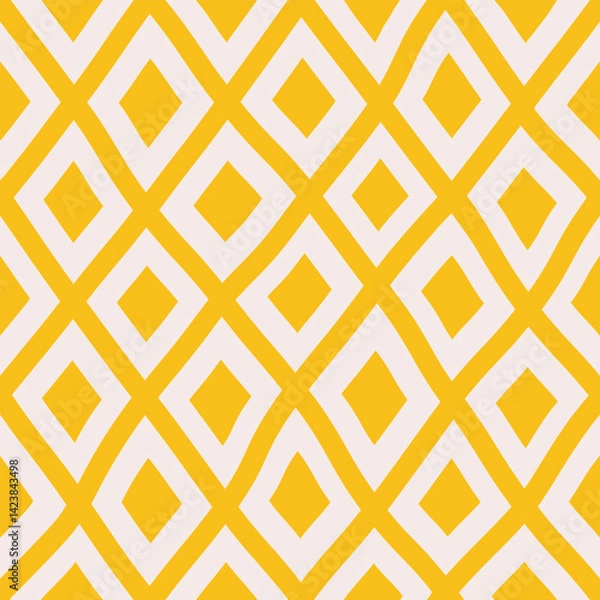 Fototapeta Seamless abstract monochrome geometric elegant and modern pattern of yellow wavy diagonal stripes and rhombuses in a row on a light background, simple hand drawn illustration, flat style