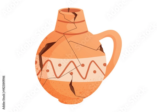 Fototapeta Cracked African clay pot with ethnic pattern. Broken tribal earthenware jar with damage and texture. Vector cartoon isolated illustration of traditional handmade pottery used in African heritage.