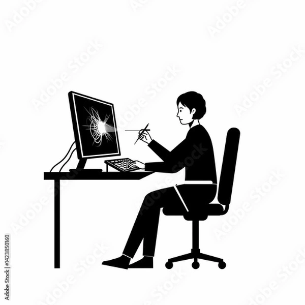 Fototapeta A special effects artist sits in front of a computer, creating stunning visual effects.