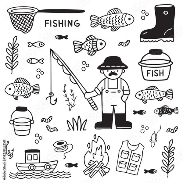 Fototapeta Set of Hand Drawn Fishing Doodles Vector Element. Fishing doodle tool and equipment objects