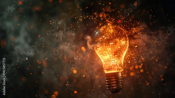 Fototapeta Dynamic lightbulb explosion with fiery particles radiating outwards, signifying a powerful breakthrough idea, intense energy release, or creative outburst on a dark background.

