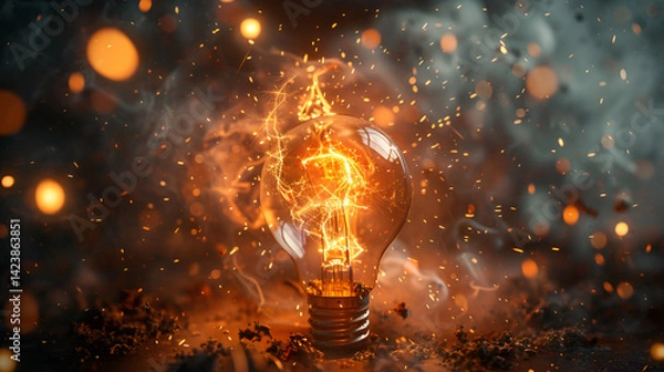 Fototapeta Incandescent lightbulb shattering with intense orange energy, visible filament, swirling smoke, and golden bokeh, symbolizing powerful ideas and creative bursts.
