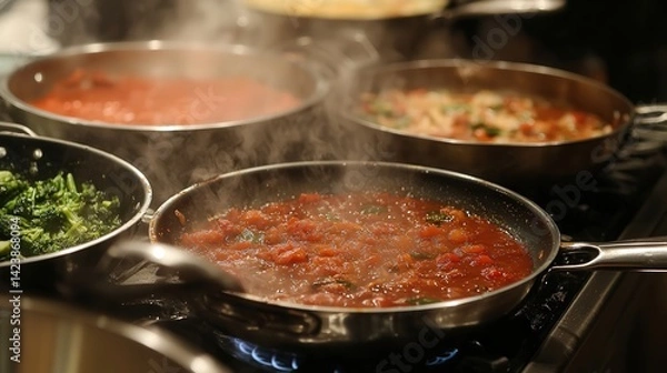 Fototapeta a stovetop with several cooking pots and pans, some with simmering sauces, others with frying vegetables, highlighting the art of cooking at home