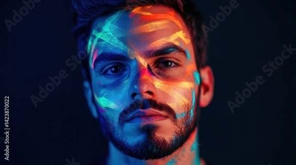 Fototapeta Striking portrait of a man with vibrant neon paint, illuminating artistry