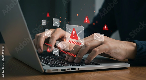 Fototapeta Cybersecurity Threat: Person Typing on Laptop with Warning Alerts and Mail Icons Overlayed.