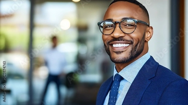 Fototapeta A Smiling Man in a Suit Wearing Eyeglasses Looks Confident