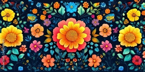 Obraz Vibrant floral pattern featuring colorful flowers and butterflies on a deep blue background