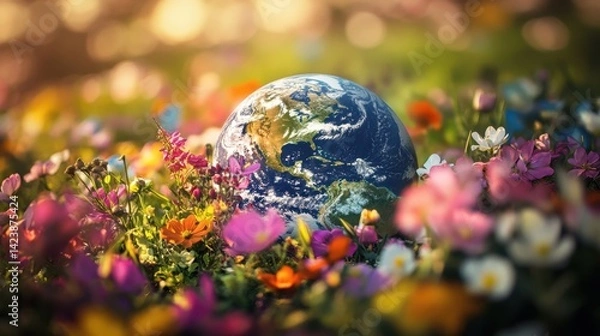 Obraz planet earth between spring flowers, Earth Day