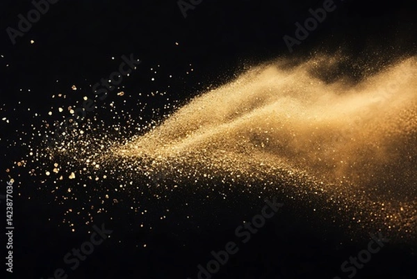 Fototapeta Golden Explosion Fine Metallic Powder Cloud Burst Against Dark Backdrop Design Element