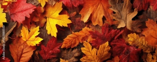 Fototapeta Autumn background with autumn leaves texture. Top view of fall leaves pattern. Autumn background with close-up maple and oak fallen brown, red, yellow, and orange falling foliage. MZ 