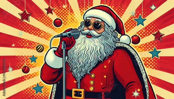 Fototapeta Cool Pop Art Santa Singing with Microphone – Retro Christmas Celebration