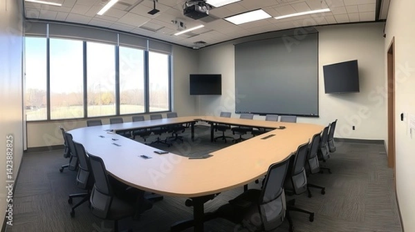 Fototapeta A spacious, empty conference table in a professional meeting room, designed to encourage collaboration