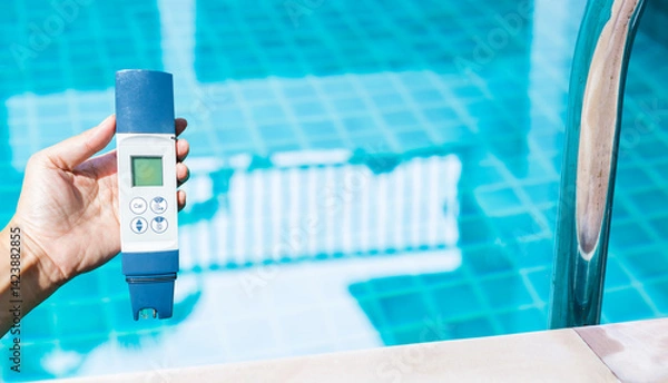 Fototapeta Digital water tester over blurred clear swimming pool water background, swimming pool service and maintenance, water tester technology
