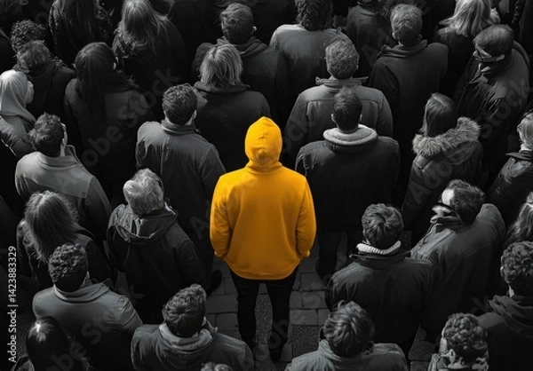 Fototapeta A crowd of people with one man in a yellow hoodie standing out from the group in black.