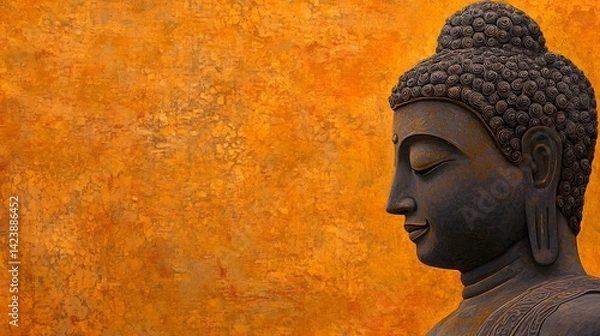 Fototapeta Ethereal Buddha Profile in Radiant Golden Glow Surrounded by Intricate Architectural Patterns