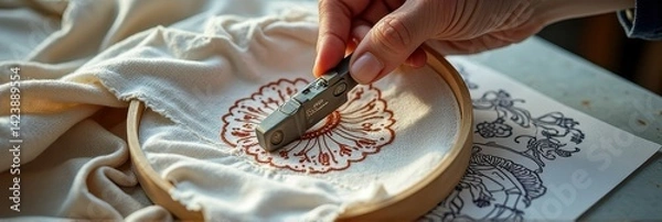 Fototapeta Hand embroidering fabric with artisanal pattern and precision tool