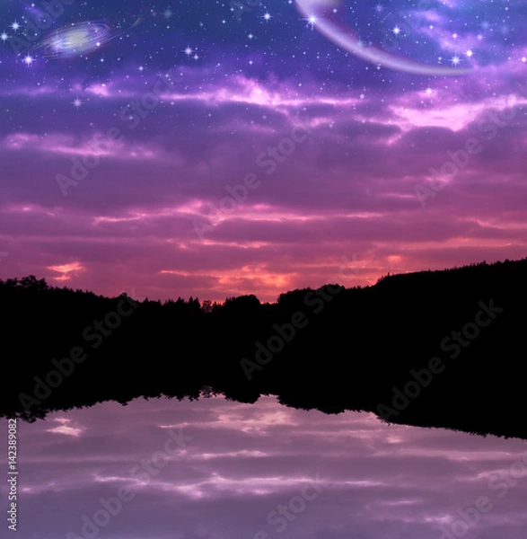 Fototapeta Magical starry sky with the planets and galaxies over lake