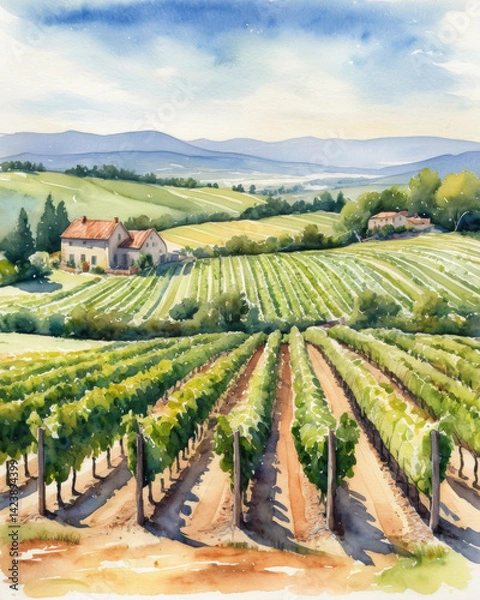 Fototapeta A serene watercolor of lush vineyards with rolling hills under a bright sky, capturing the essence of countryside beauty.