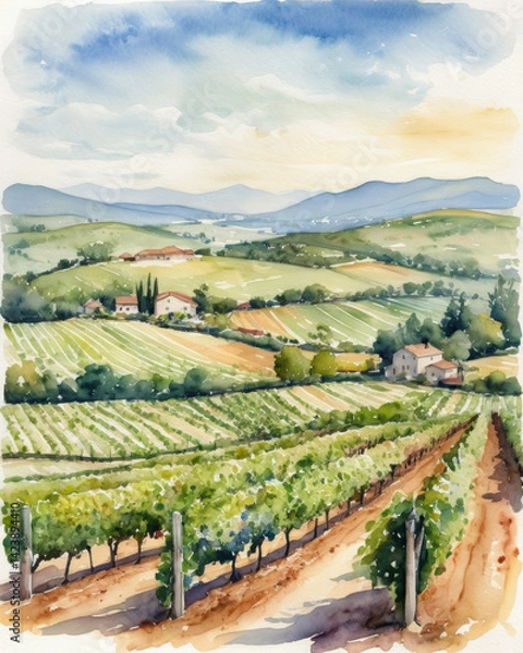 Fototapeta Breathtaking watercolor painting of rolling vineyards under a serene sky, capturing the essence of rural tranquility and natural beauty.