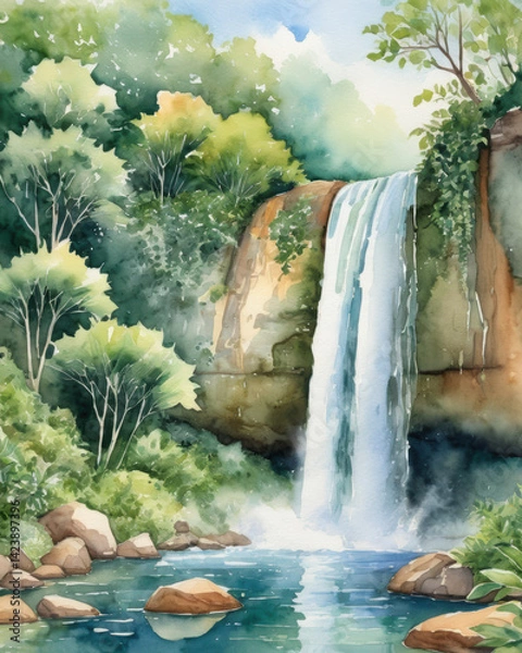 Fototapeta A serene watercolor landscape featuring a cascading waterfall surrounded by lush greenery and tranquil water reflections.
