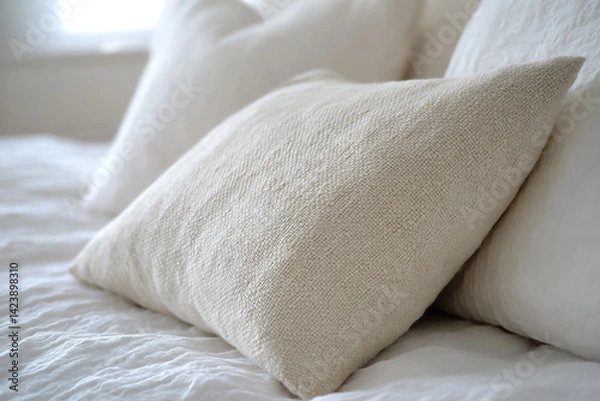Fototapeta close-up of a textured linen pillow on a white bed (minimal),
