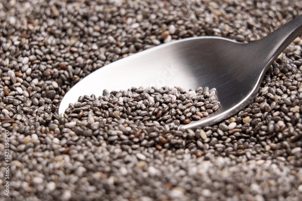 Obraz Organic nutritious chia seeds in a metal spoon. Macro shot