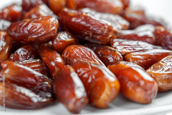 Obraz Dried dates in glass plate on white table. Macro shot. Front view