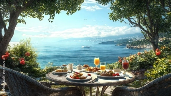 Fototapeta A stunning panoramic scene showcases a breakfast table for two, adorned with delicious food