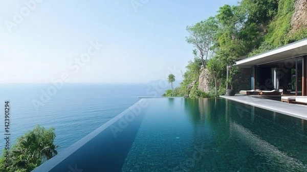 Fototapeta the edge of a steep cliff features an infinity pool that connects seamlessly with the horizon, offering awe-inspiring sea views.