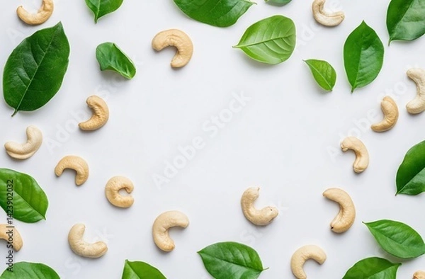 Fototapeta Cashew nuts arranged in a circle around green leaves on a white surface.  Possible use Food photography for a health and wellness website