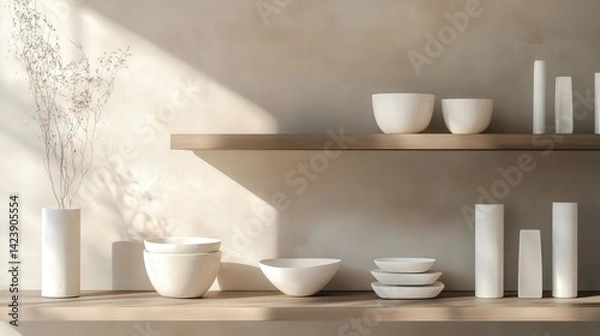 Fototapeta A contemporary home setting with beautifully designed ceramics displayed on shelves, each piece exuding elegance and timeless beauty