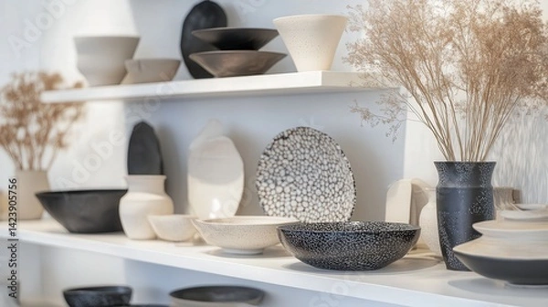 Fototapeta A contemporary home setting with beautifully designed ceramics displayed on shelves, each piece exuding elegance and timeless beauty