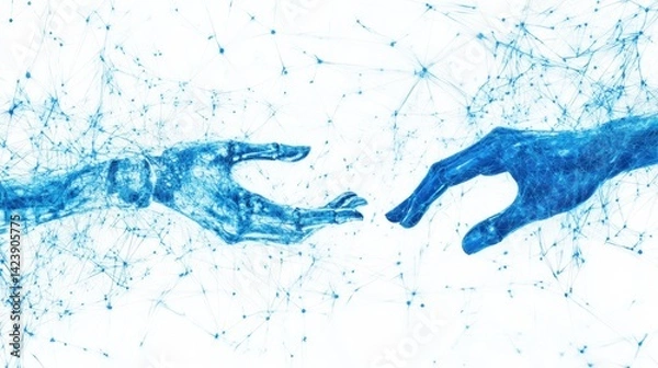 Obraz Hands of robot and human touching on big data network connection background