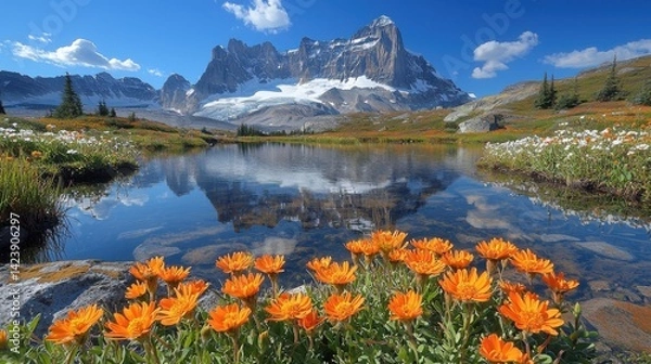 Fototapeta Breathtaking Mountain Landscape with Vibrant Flowers and Reflection