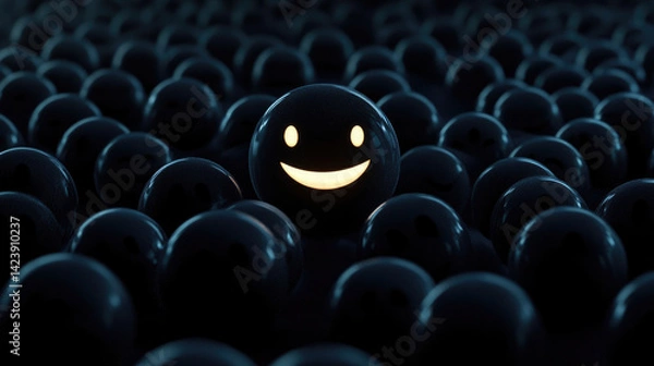 Obraz A cheerful smiling glowing smiley face among gloomy black emoticons