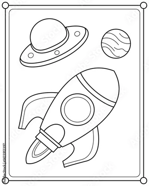 Fototapeta Cute rocket in space suitable for children's coloring page vector illustration