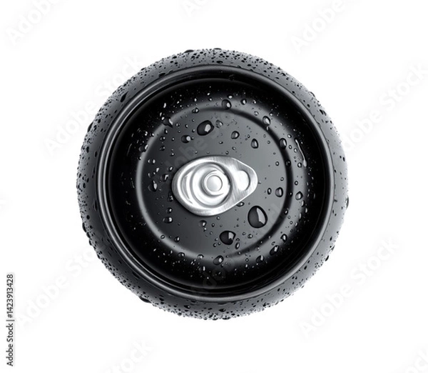 Fototapeta  Close-up of the top view of a soft drink can with a black rubber knurled rim, isolated on Png Format and Transparent Background