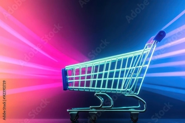 Fototapeta Vibrant Shopping Cart Illuminated by Bright Colorful Lights in a Lively Market Scene Capturing the Joy and Excitement of Retail Therapy Experience