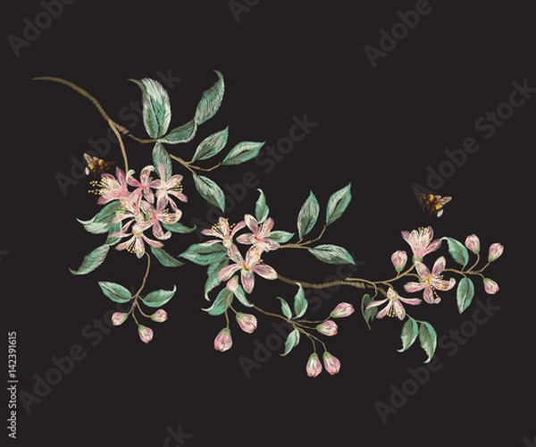 Fototapeta Embroidery trend floral pattern with branch of tropical japanese flowers. Vector traditional folk sakura and bees on black background for design.