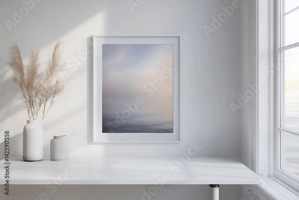 Fototapeta empty white desk with a single framed print (minimal),