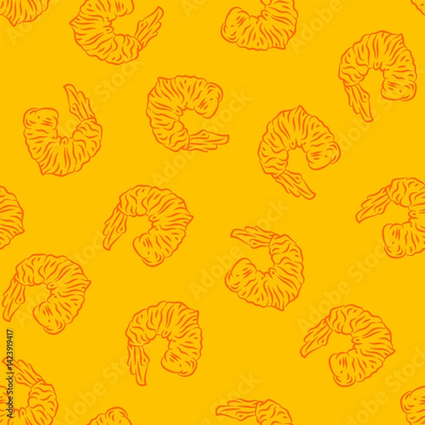 Fototapeta Fried Shrimp Seamless pattern Background. Seamless Tempura Shrimp Doodle Pattern background. Seafood Pattern Design. Crunchy Tempura Doodle Pattern.